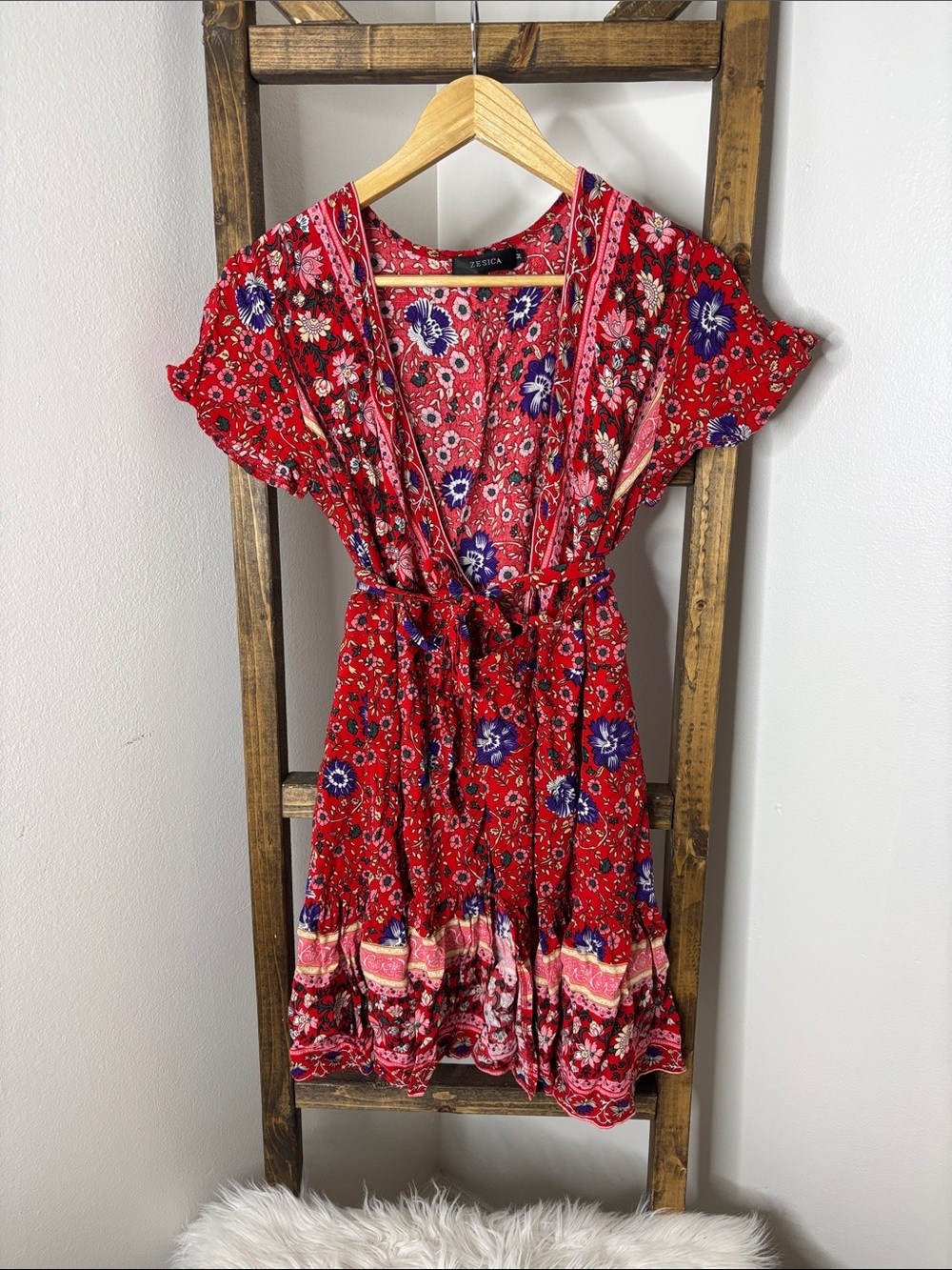 Zesica Red Floral Wrap Tie-Front Mini Dress Size M